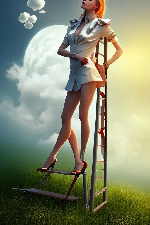 dressed woman on the ladder above clouds