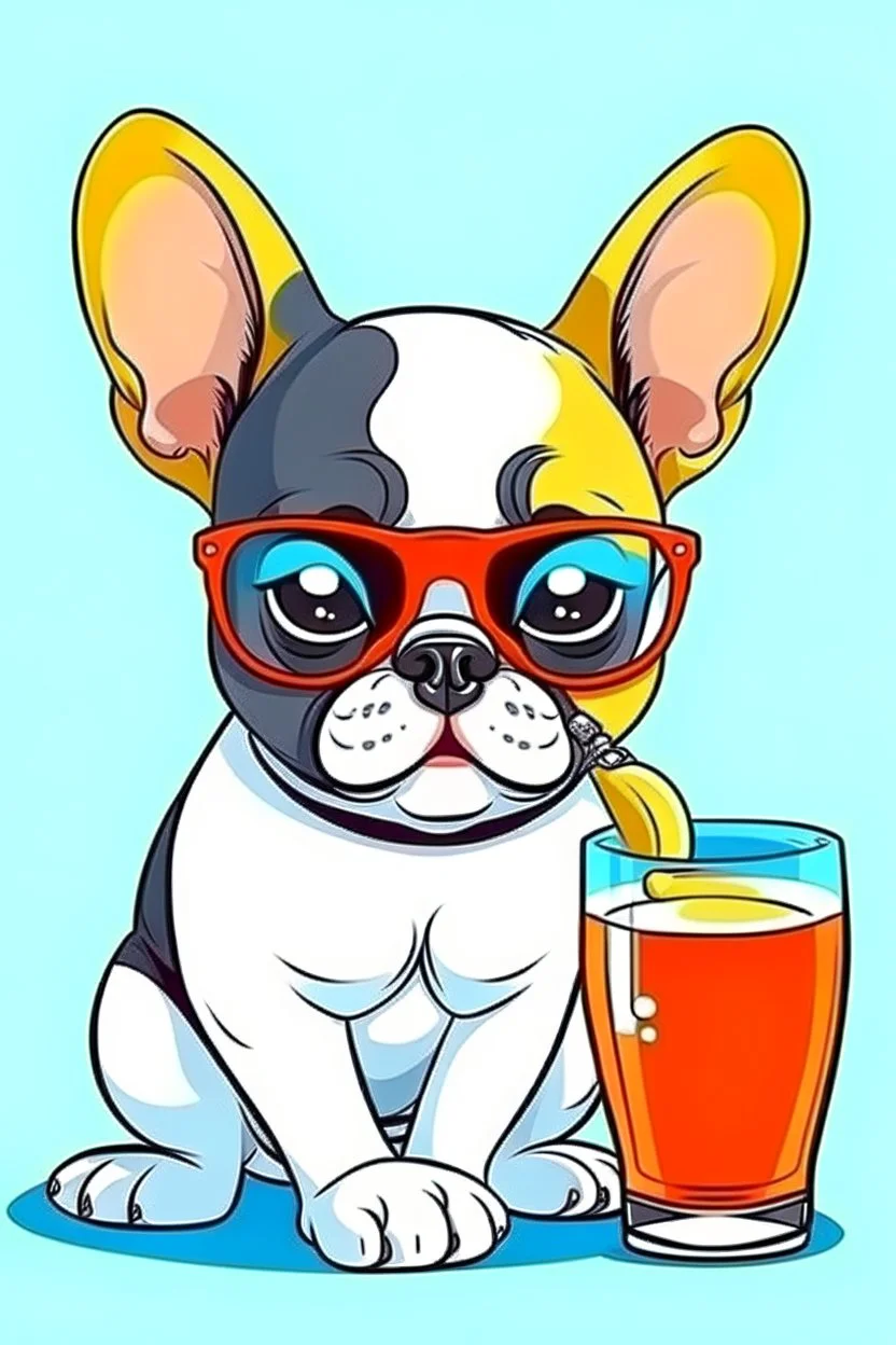 french bulldog in sunglasses drink cocktail cartoon