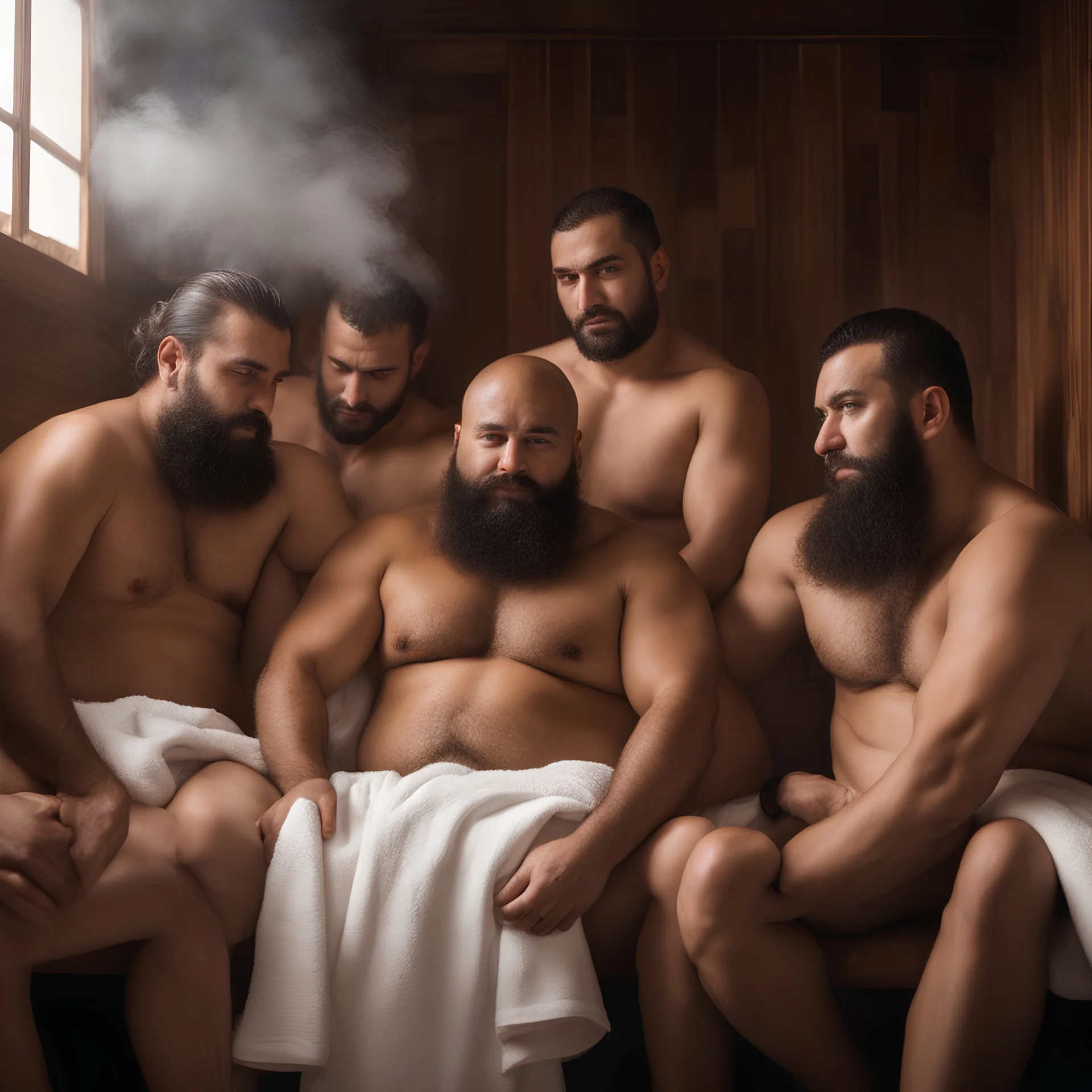 close up photography of a group of turkish and marocan 33 years old ugly chubby muscular men embraced, manly chest, covered with the towel at the hip, long beard, shaved hair, photorealistic, manly legs, manly arms, sitting in a steamy sauna, clouds of steam, side light