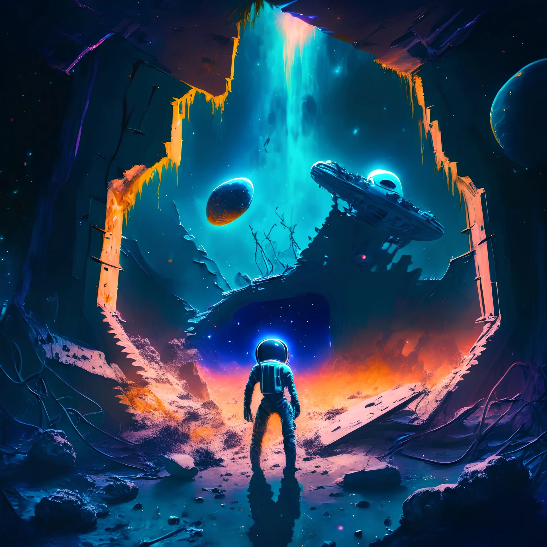 Digital Painting, dark, starry background with a central image of a perplexed astronaut floating in space, surrounded by abandoned alien ruins, Surrealism