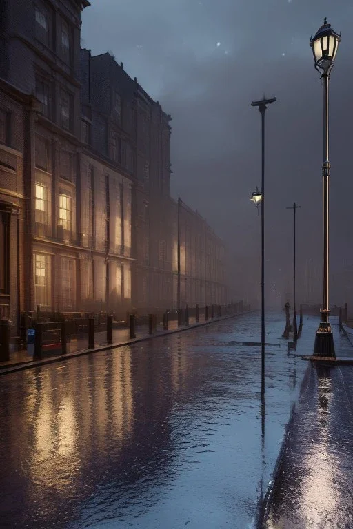 London street at night, wet ground, pole with round light