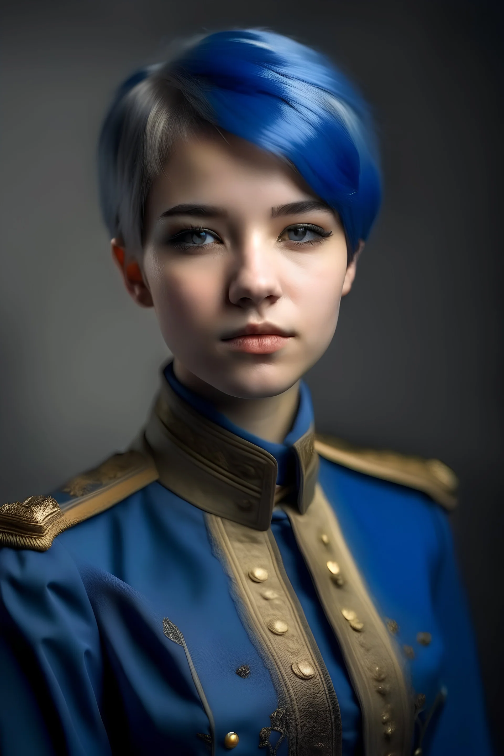 jeune femme 18 ans, petite, cheveux bleu dans une tenue militaire d'impératrice de style impérial