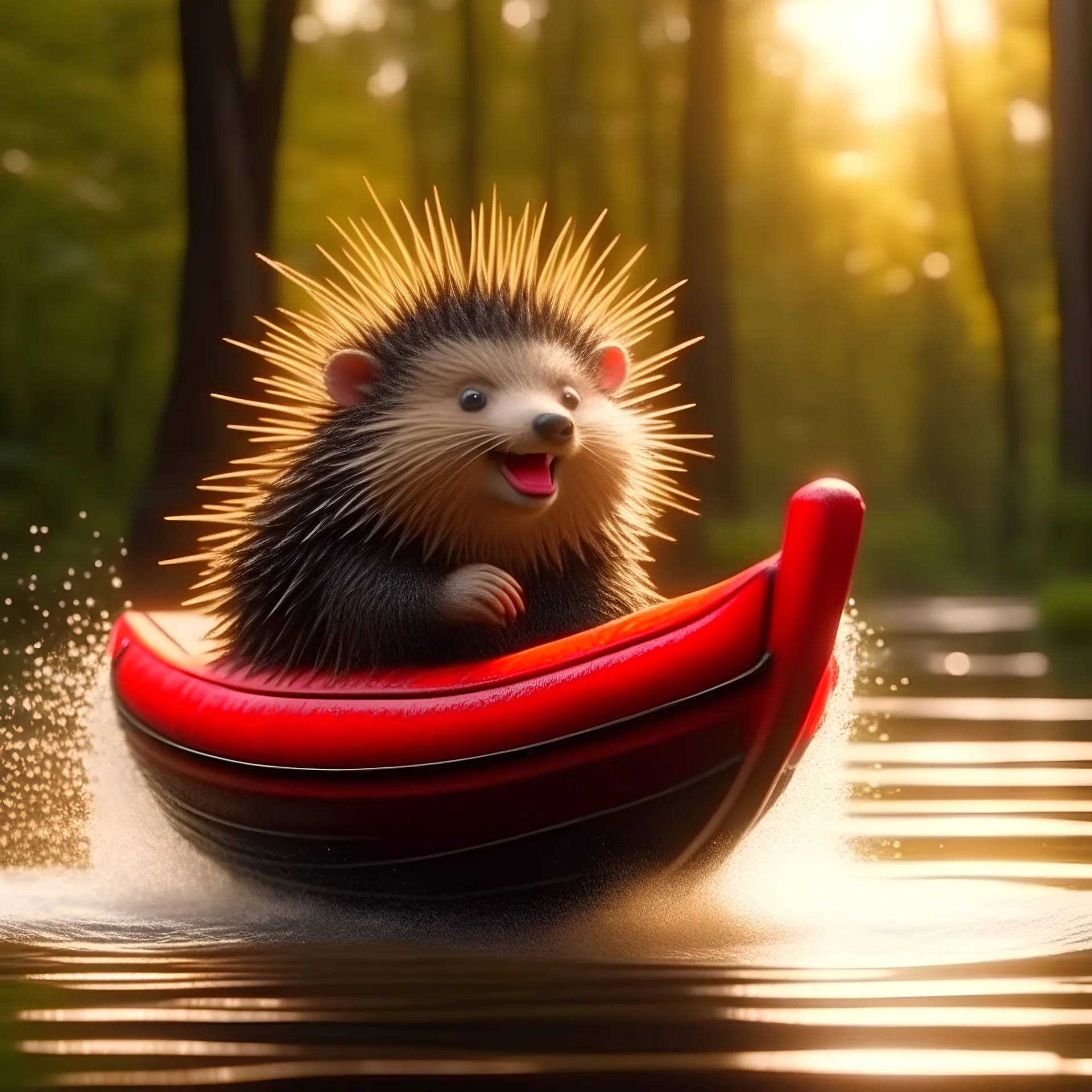 cute blessed freedom statue porcupine speeding in a rubber boat in the river,catching a big fish in a river stream, 8k, downlight, soft light, depth of field, photorealism, trending on art station, lotsa detail