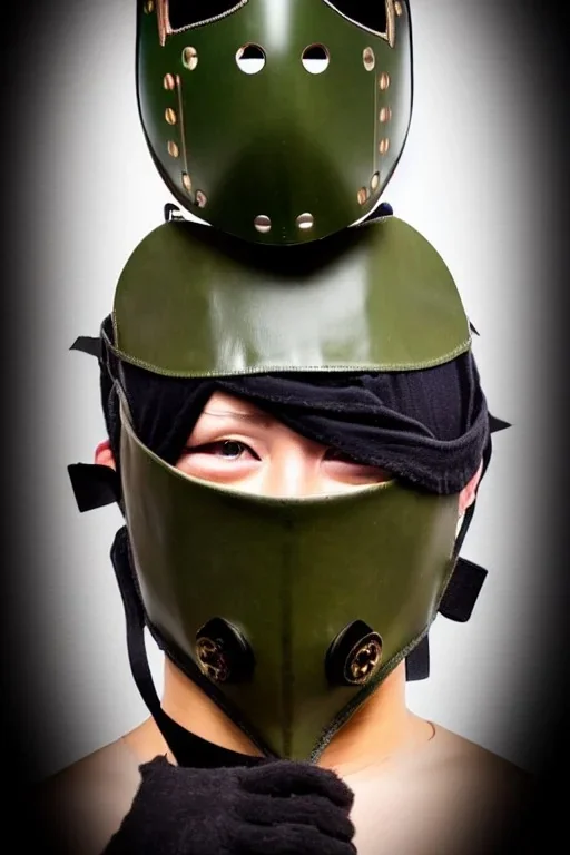 Steam-punk style random-mask. Large fencing mask covers chin and cheeks. Hood. Reflective surface on face, full coverage, reflective. golf ball eyes. Head full of integrated old-fashioned cameras and phone. Army green surfaces body, latex. Perfect body, thick thighs and calves. Asa Akira's body. Wide hip, skirt bleats nicely. Partly symmetrical. Straitjacket. Rusty and decayed background. Steam-plunge air-bottles. Euclidean 3D-tiling walls. surrealistic. Oppressive atmosphe