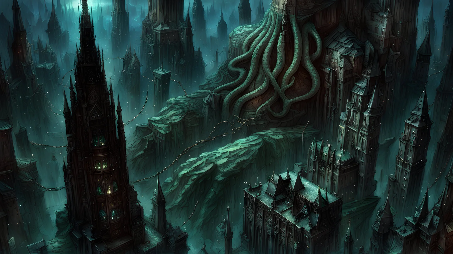 magnificent and mighty Cthulhu in r'lyeh, colossal, photorealistic, tremendous, enormous, on a throne made of buildings, chained up, handcuffs, immense power, magnificent, ultrarealistic, gothic, gothic buildings, wet, shore city, gigantic, high end, hyper realistic, side view, diverse city, underground city, bloodborne, yharnam