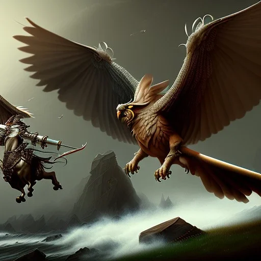 Epic massive Drawing Gryphon and Rider Flying estilo Caravaggio 4k