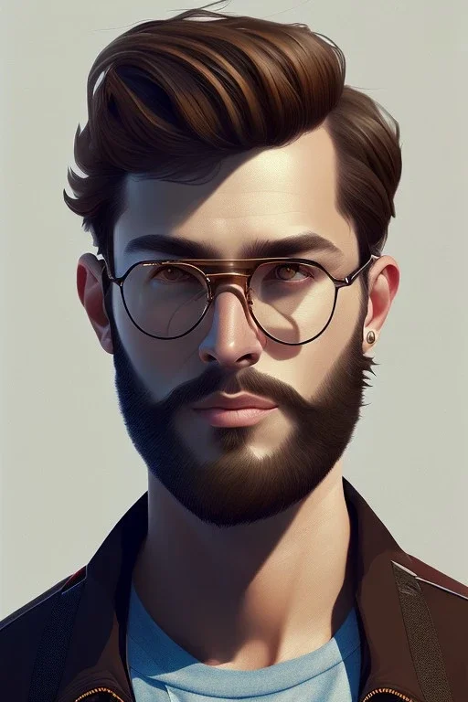 boy, young, glasses, beard, brown hair, brown eyes, medium hair, bangs side part, head and shoulders portrait, head and shoulders portrait, 8k resolution concept art portrait by Greg Rutkowski,