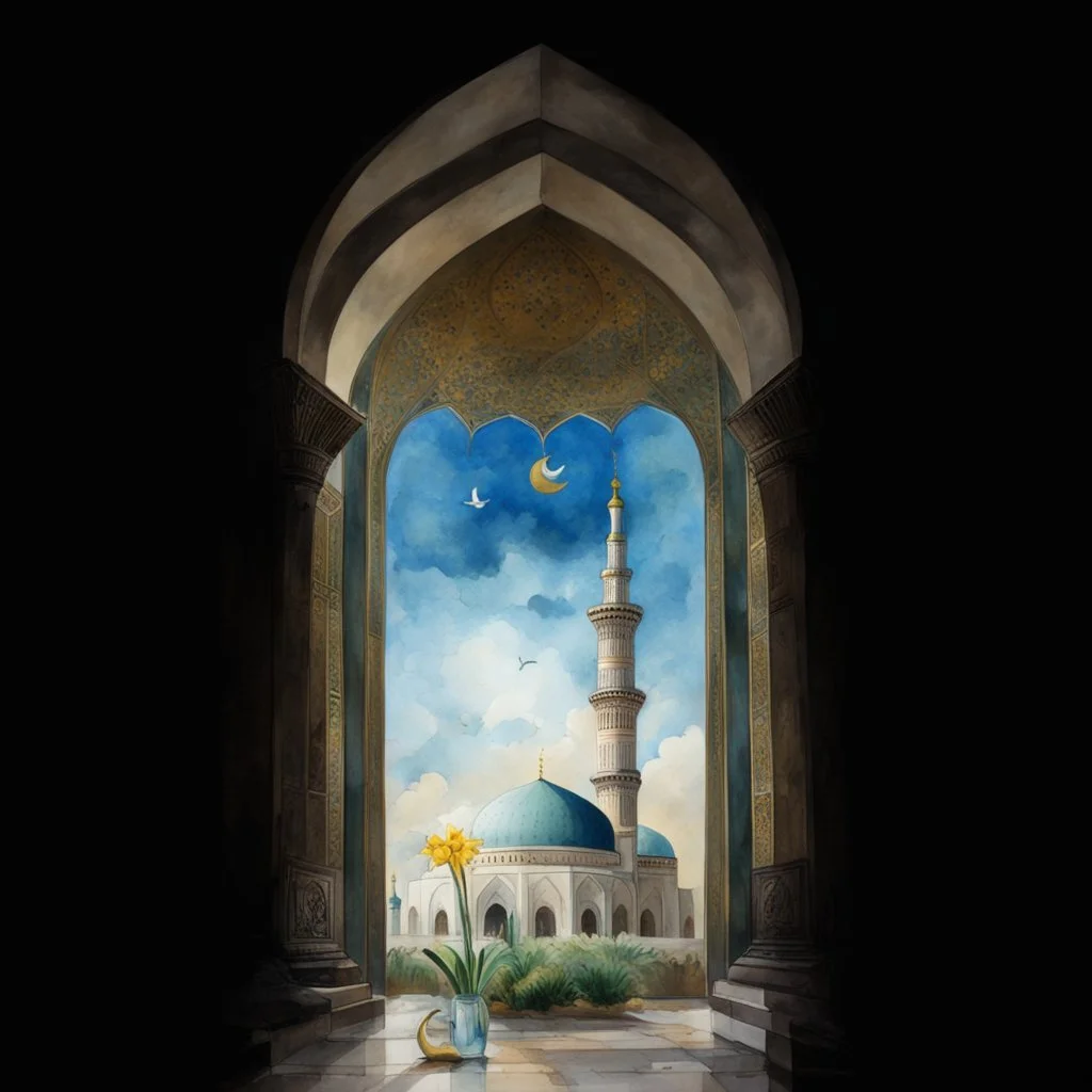 man like the Prophet Muhammad see the jamkaran mosque in Iran has more blue green color and gold for pattern islamic in the dome . one big domes with beautiful lighting . white Daffodil flower in the floor , clouds with small birds in sky with crescent moon of ramdan . painting watercolor ,simple and islamic style , Painting watercolor