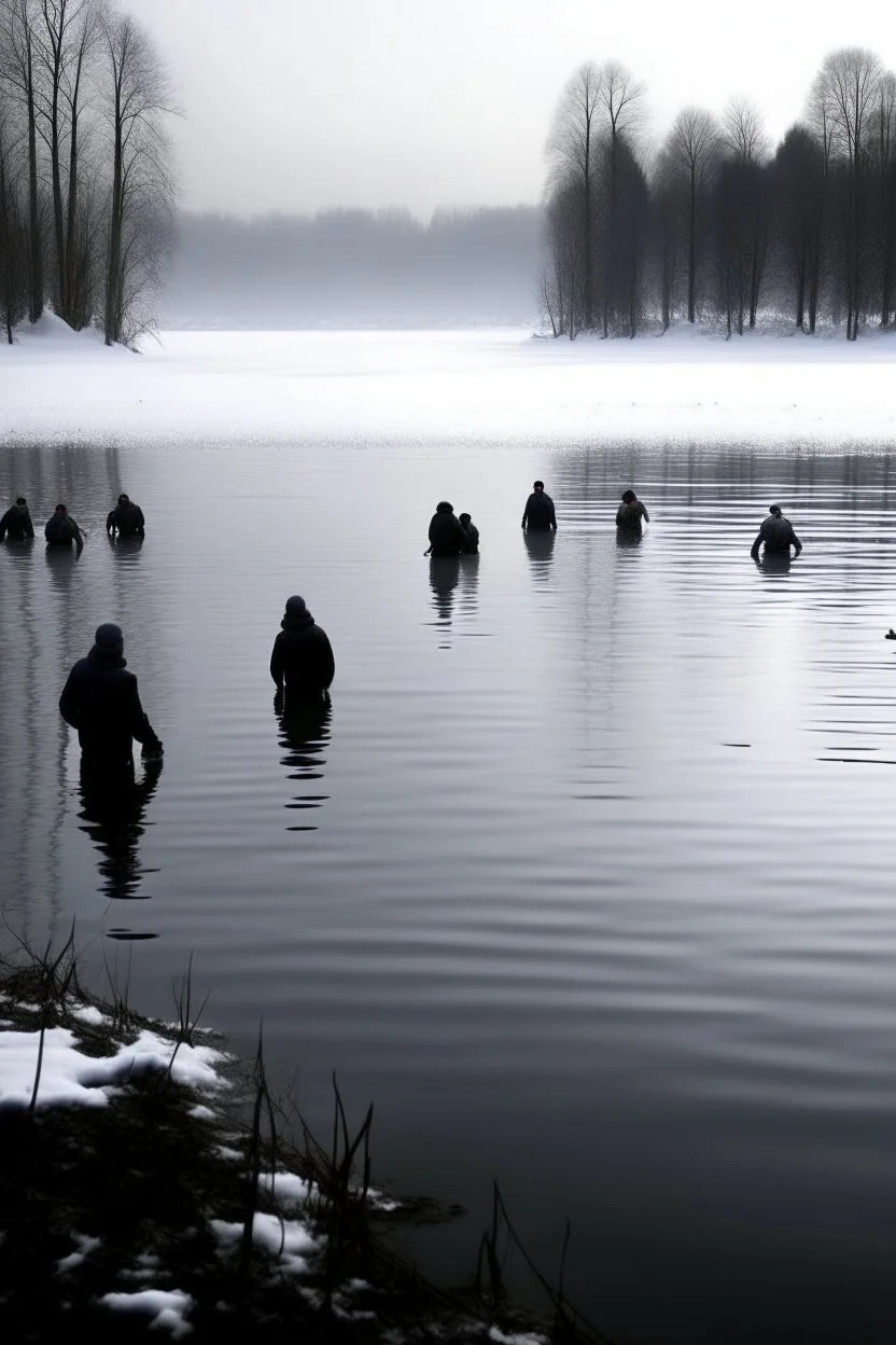 corpses in frozen lake , the lake is covered with ice , and a serial killer wants to throw a new corpse in with the cropses