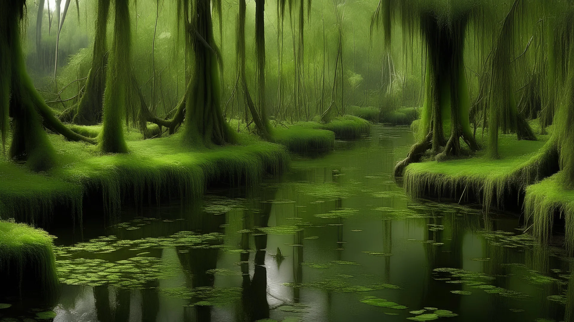 A bayou with moss-draped trees, silent except for the chorus of frogs and crickets.