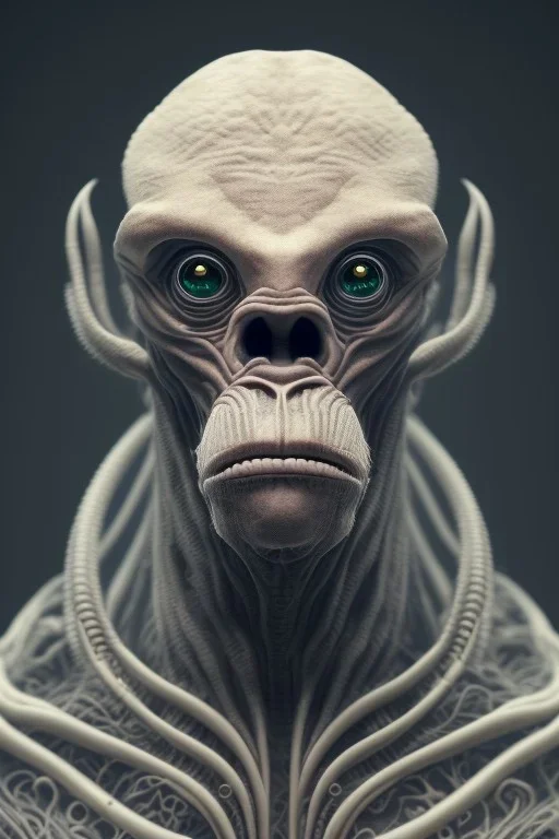 ape alien, head,8 eyes, evil, 8k, with hairs, finely detailed, photo realistic, HR Giger style