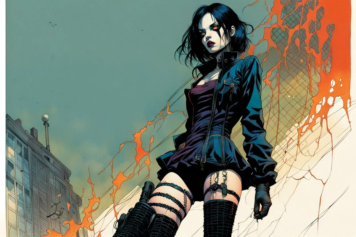 Create and fine print full body illustration of a Goth Girl with finely lined and detailed facial features in a ragged gothic dress, fishnet stockings ,battered combat boots, , in the graphic novel style of Bill Sienkiewicz, and Jean Giraud Moebius, precisely drawn, colored and inked