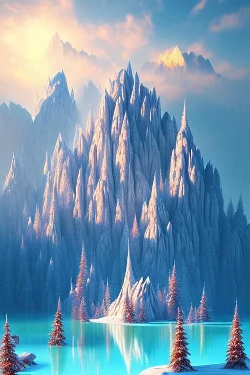 mountain made from ice-cream, lake, trees, mystical, art deco