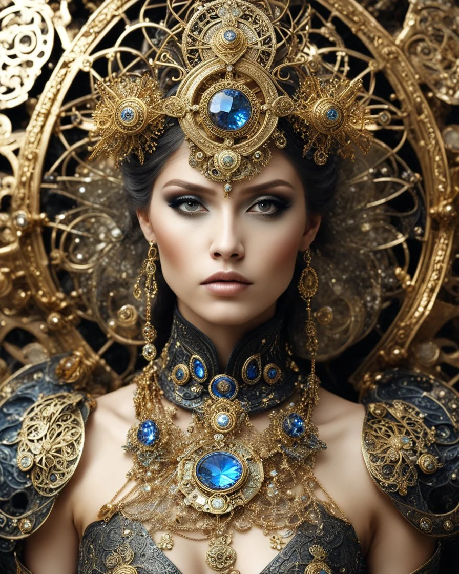 Length Photography Luxurious steampunk fashion beautiful super model highly intricately detailed photograph as of a beautiful celestial metallic bright shines filigree lady,luxurious jewelrys diamonds shining,glitter spark,centered, fantastical, fantasy, in the style hyperrealistic, a beautiful Digital Photography art, concept art, sharp focus, studio photo, intricate details, highly detailed in realistic photography