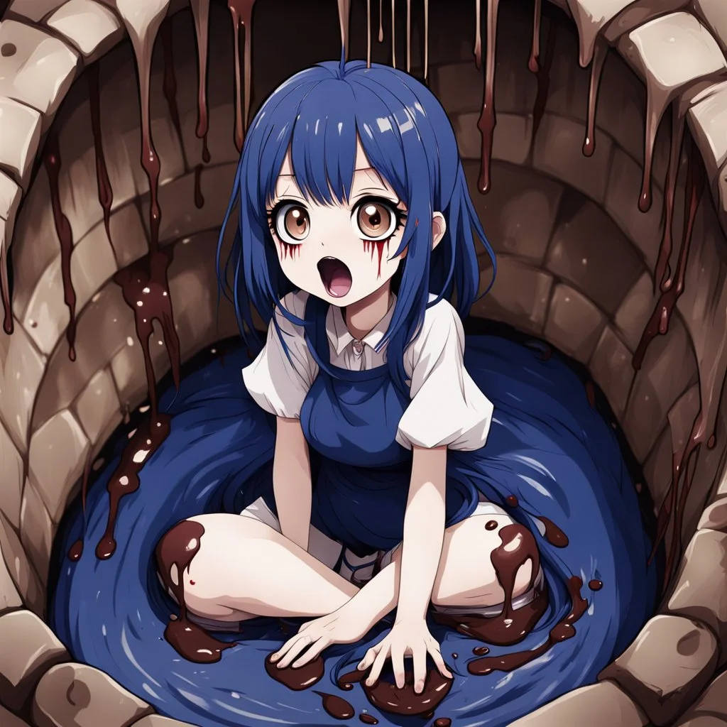 Anime girl with big eyes, darkblue and sepia tones, fullbody, slime, the perspective looking up from the bottom of an empty well, rolling eyes, tongue out, blood drip, open mouth,