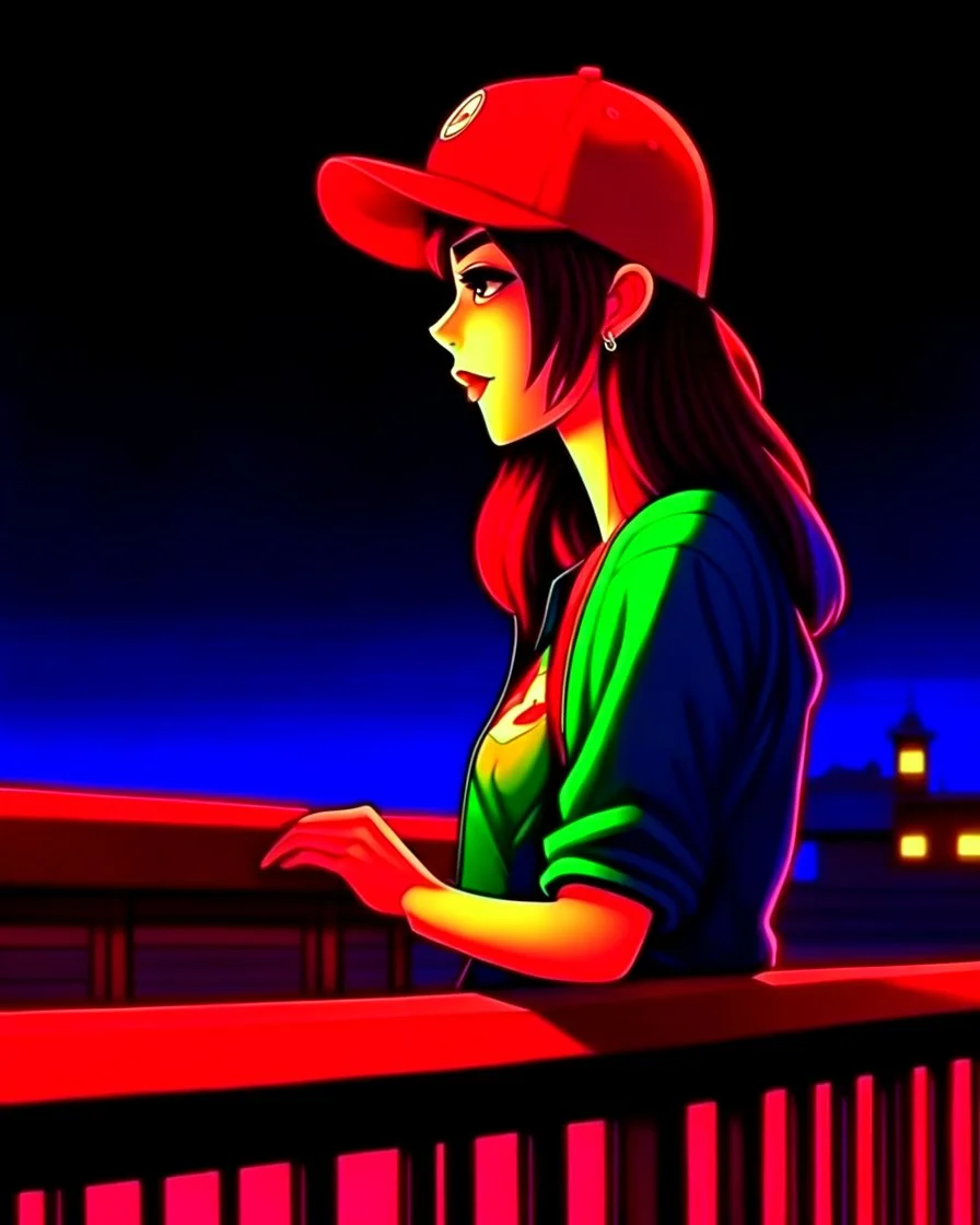 woman with a red baseball hat. leaning on a wooden balcony. night time. fantasy. anime.