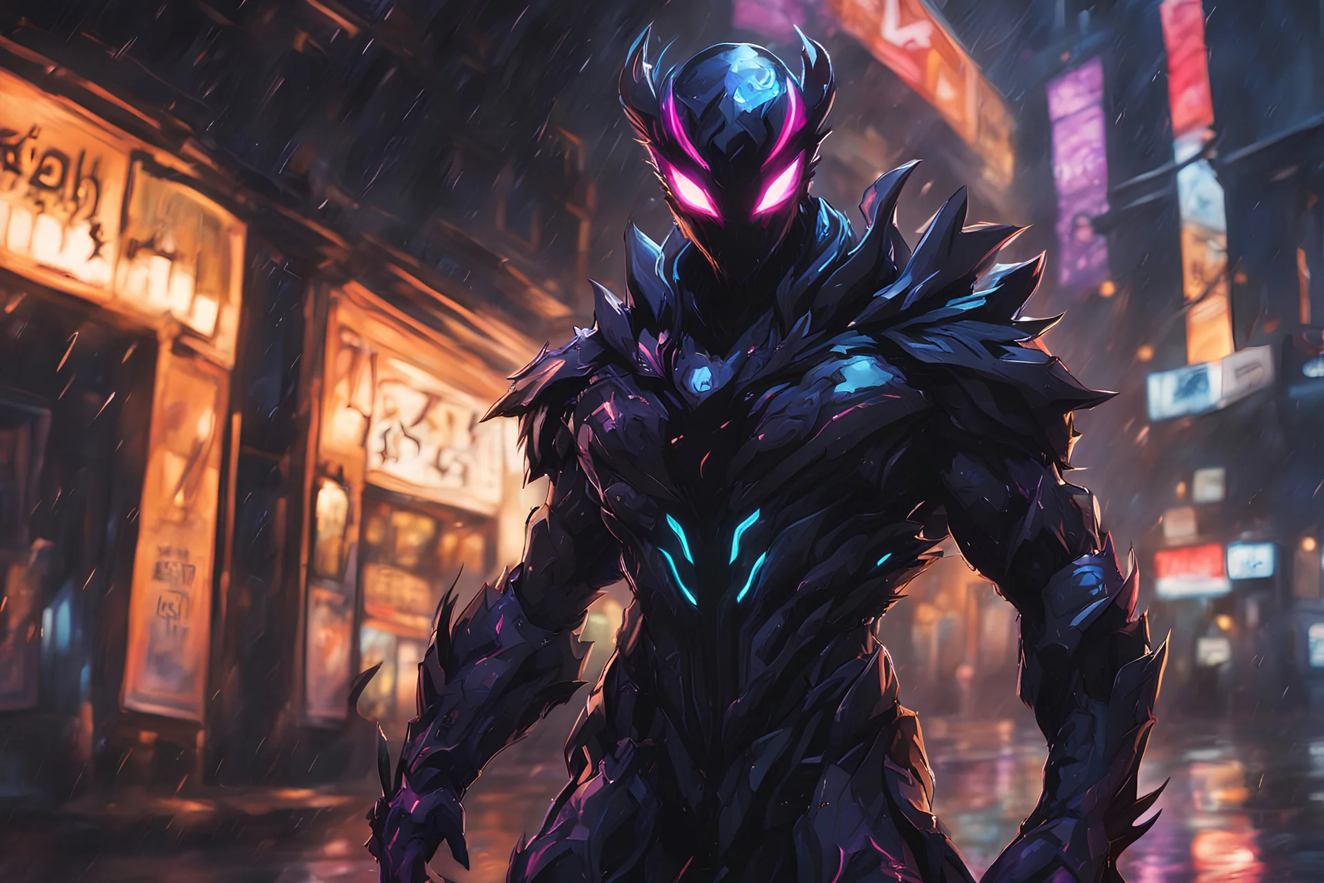 kindred venom in 8k solo leveling shadow artstyle, machine them, close picture, rain, neon lights, intricate details, highly detailed, high details, detailed portrait, masterpiece,ultra detailed, ultra quality