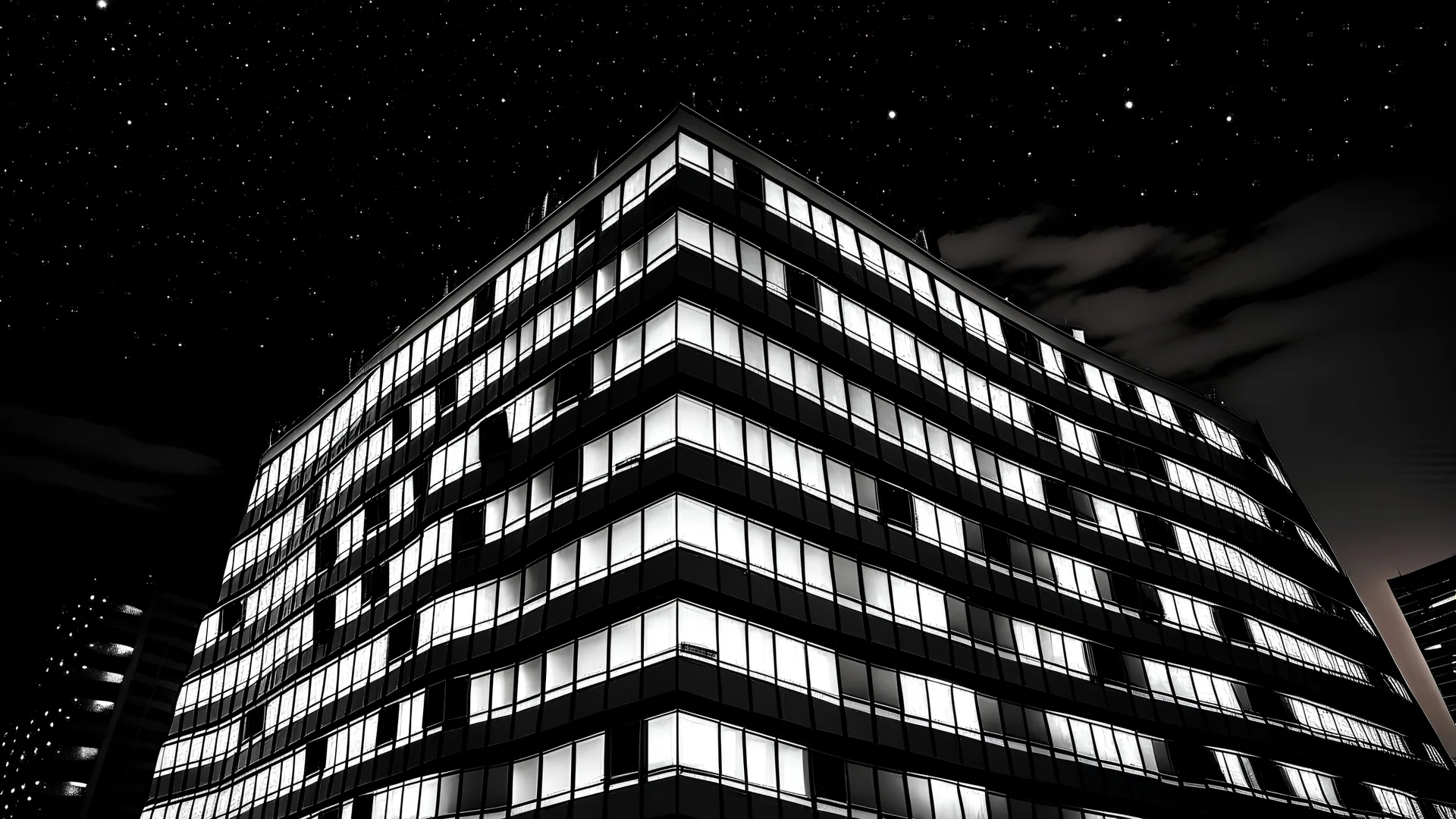 A black and white image of a building with a wavy facade and multiple irregularly arranged windows, under a starry night sky