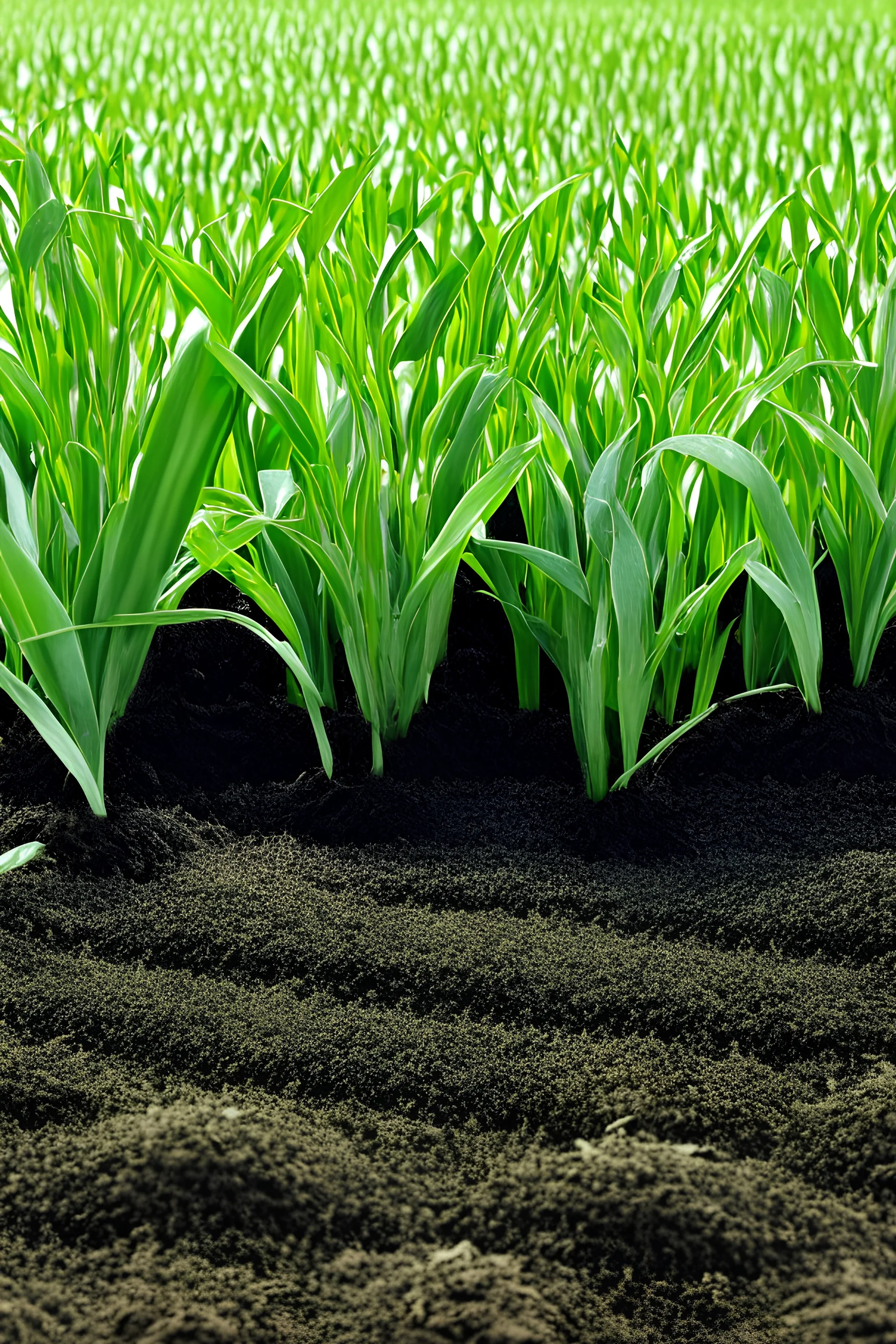 Rice plant and tea plant are growing, each emerging from the ground on one side of the image.