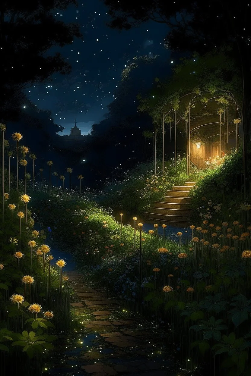 generate me an image of luxurious gardens with tall overflowing foliage and beautiful flowers at night with fireflies