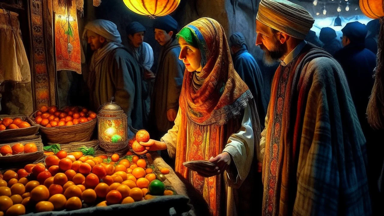 A full-length Palestinian girl wearing an embroidered dress and a white embroidered shawl buys oranges from an old seller wearing a keffiyeh in the market of Jerusalem, 100 years ago, at night with multi-colored lights reflecting on her.