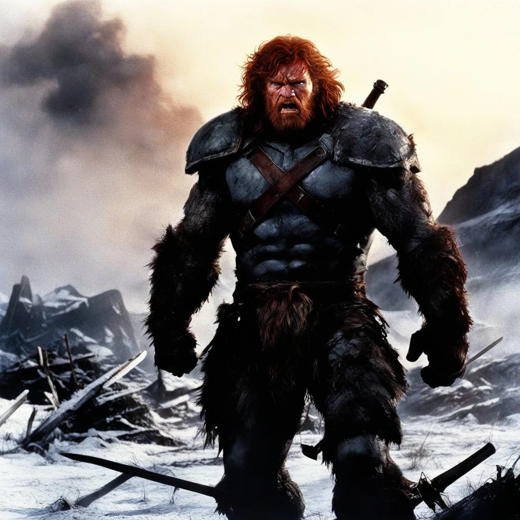 [photo from The Thing (1982)] once a flourishing field, now reduced to burned ruins, fumes of death hung heavy in the air. Amidst the devastation, an enraged redhead Barbarian, a towering figure of wrath and fury, thundered across the desolate landscape. His eyes blazed with a primal rage as he sprinted towards a lone white paladin, clad in chrome steel plate armor, a beacon of light amidst the darkness. The Barbarian faces the paladin.