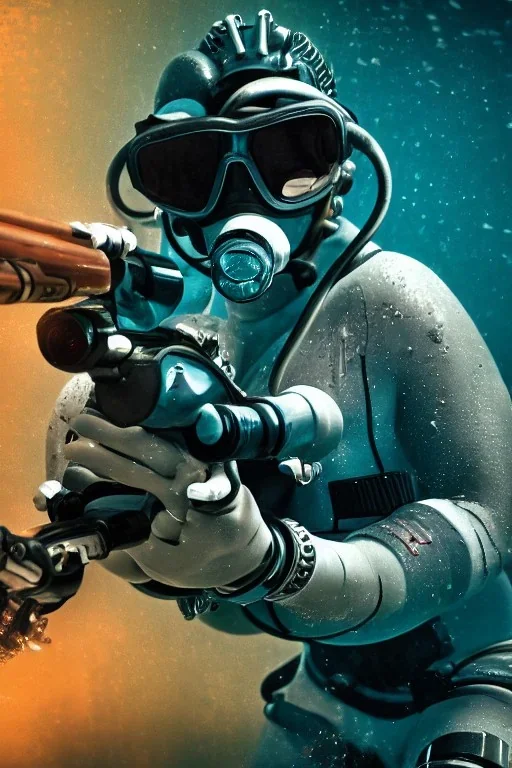 diver like a cyborg,with gun,hi quality detail,textures,cinematic,aqua