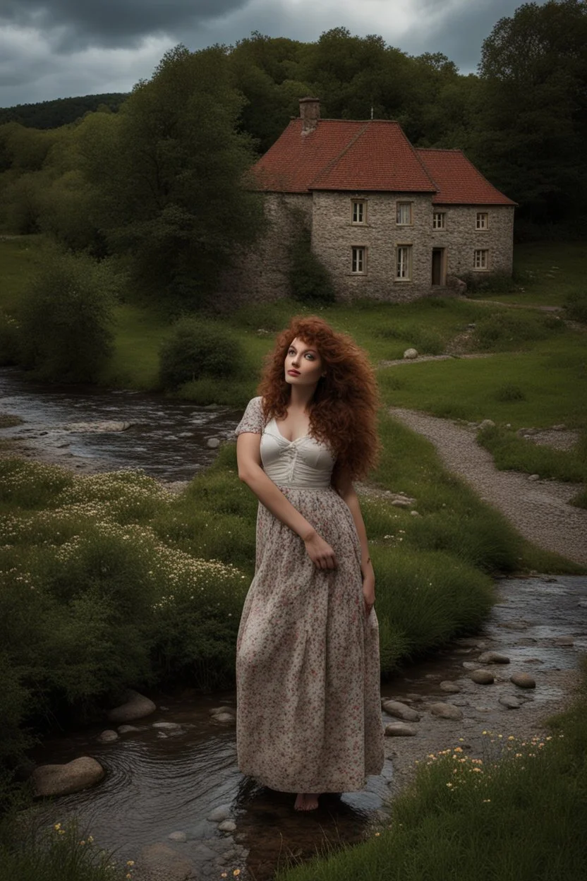 fullbody shot of a very beautiful lady curvy hair, in the country side with a narrow river with clean water and nice rocks on floor. The trees and wild flowers pretty country houses ,nice cloudy sky.