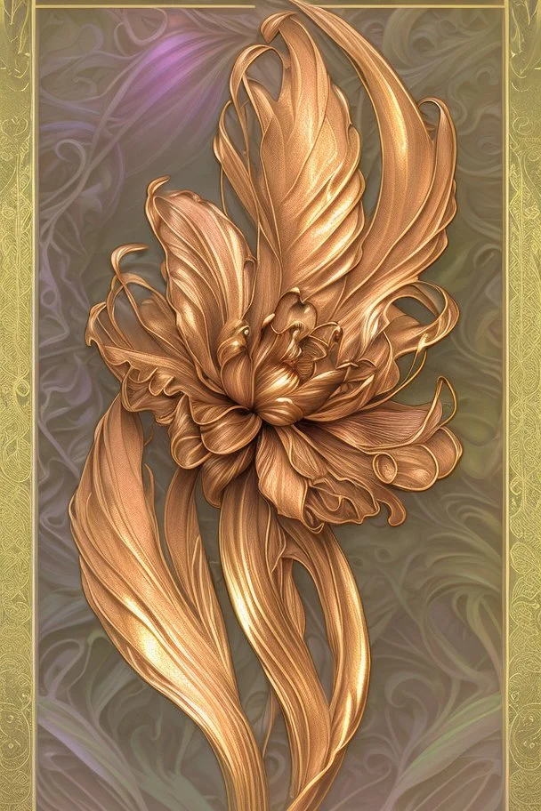 shimmering, shiny metallic flower in the style of Jean-Baptiste, silk painting Modifiers: elegant extremely detailed intricate vibrant beautiful award winning high definition crisp quality Alphonse Mucha holographic shimmering silk painting coherent metallic colors Enoch Bolles