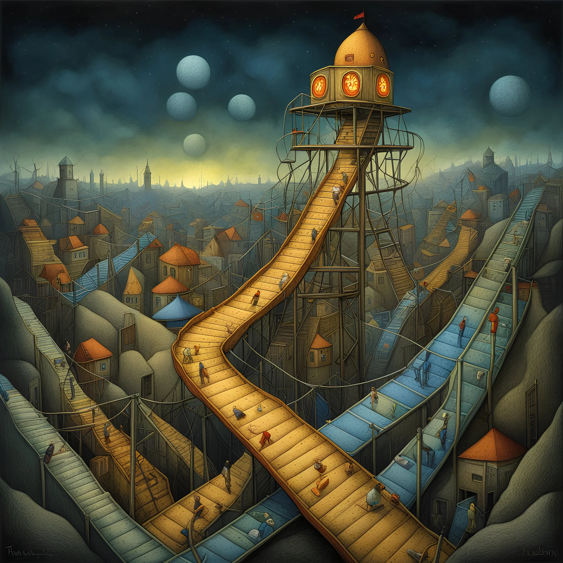 chutes and ladders, the absurd carnival at the edge of town, by Pawel Kuczynski, surrealism, impressionism, volumetric lighting, existential dread, colorful, dark colors, sharp focus,