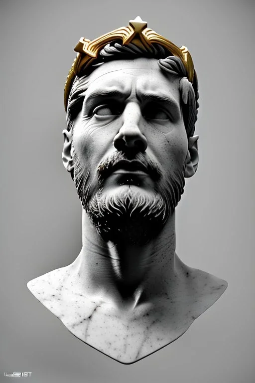 Ultra Realistic image, Roman sculpture bust, clean white marble material, Lionel Messi, gold crown of thorns, renaissance ornaments, one gold star, gradient background, cinematic lighting, god light, 4k resolution, smooth details, ornate details, soft lighting, unreal engine 5, art station, substance 3d.