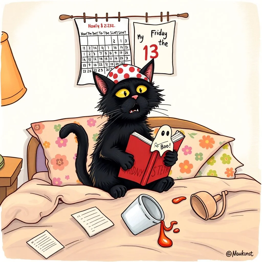 A whimsical hand-drawn cartoon of a ruffled black cat with wildly anxious eyes, wearing a polka-dot nightcap, perched on a bed strewn with floral pillows and tossed papers. The cat’s paws clutch an oversized book titled ‘How Not To Be Scared’. Above the headboard hangs a Friday the 13th calendar page marked Friday the 13th and a ghost-shaped sticky note that reads “Boo!” rests on the pillow. A knocked-over coffee mug drips on the bed. Warm, golden lamplight bathes the scene in rosy shadows, acce