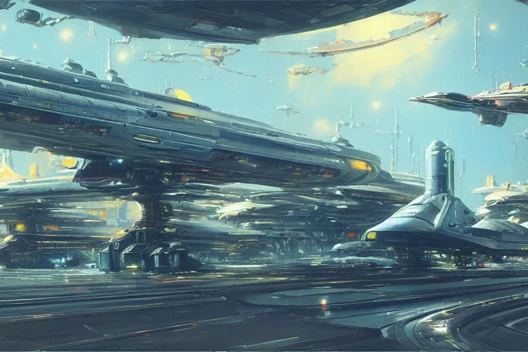 Spaceship starting from a Spaceport on a heavy industrialized planet, art by John Berkey, insanely detailed, vibrant, 8k uhd, ultra-wide angle, street level view, brush strokes