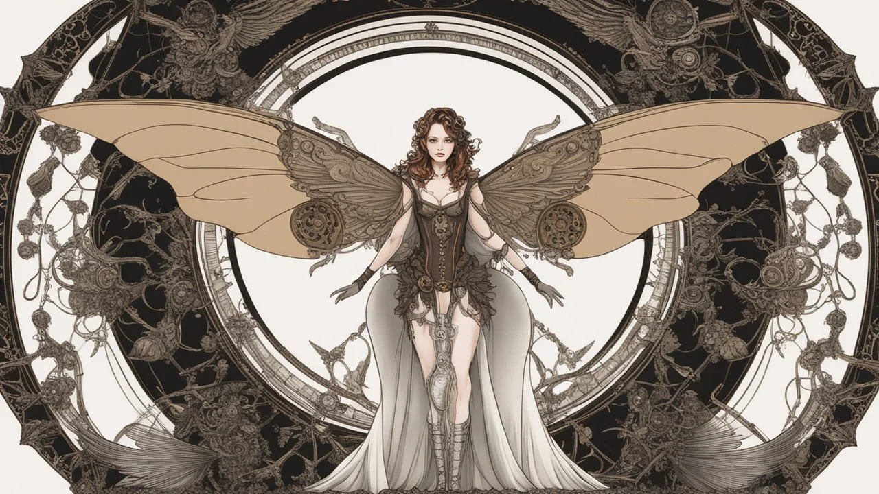 full length, steampunk delicate metal woman, moth, wings, black background