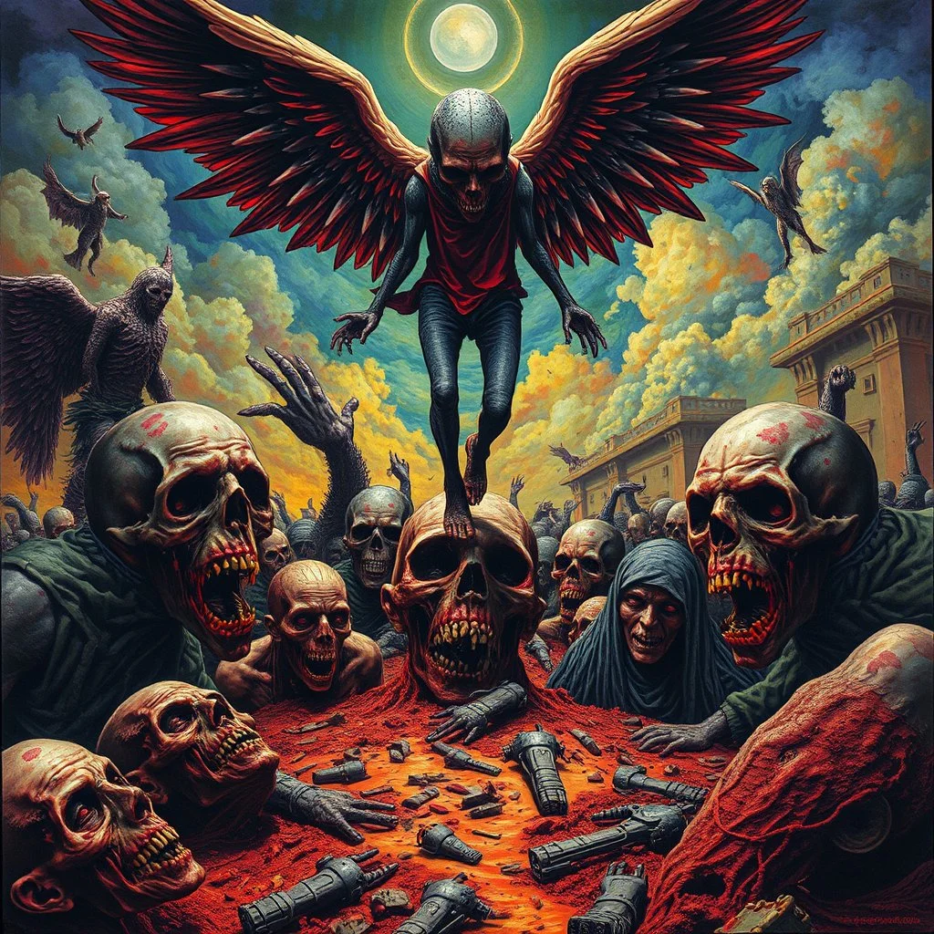 abominations filled with desolation, Stepping on faces of the frail and broken masses, Angelmaker, enhanced surrealism, by Desmond Morris and Clive Barker, violent colors, mind-bending surreal image, sinister, classic surreal horror elements, by Arturo Souto