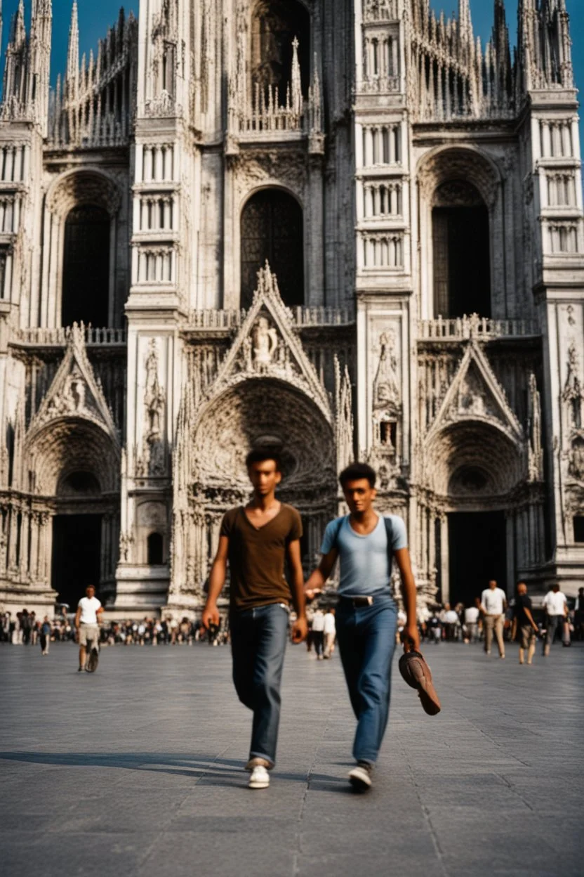 A realistic photo of a Milano in Duomo in the background, a pair of inamorato young people on the street, typically Italian, late summer evening. Photo taken by Mamiya M645 camera with low-speed film, highly detailed, wide lens.