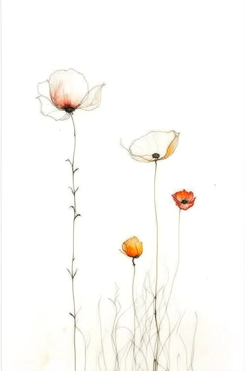 Minimalist ink pencil and charcoal drawing of poppies