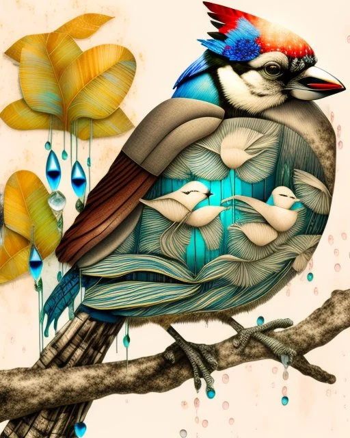 surreal mixed-media illustration of a Blue Jay perched on a textured branch, depicted with a semi-transparent body that reveals an internal aquatic scene.Inside the bird’s torso, Angelfish swim gently in clear water, rendered with scientific-illustration precision and soft painterly textures.The bird’s feathers combine natural realism with subtle graphic stylization, including layered patterns and delicate linework.Surrounding the branch are daffodils and roses, illustrated in a vintage botanica