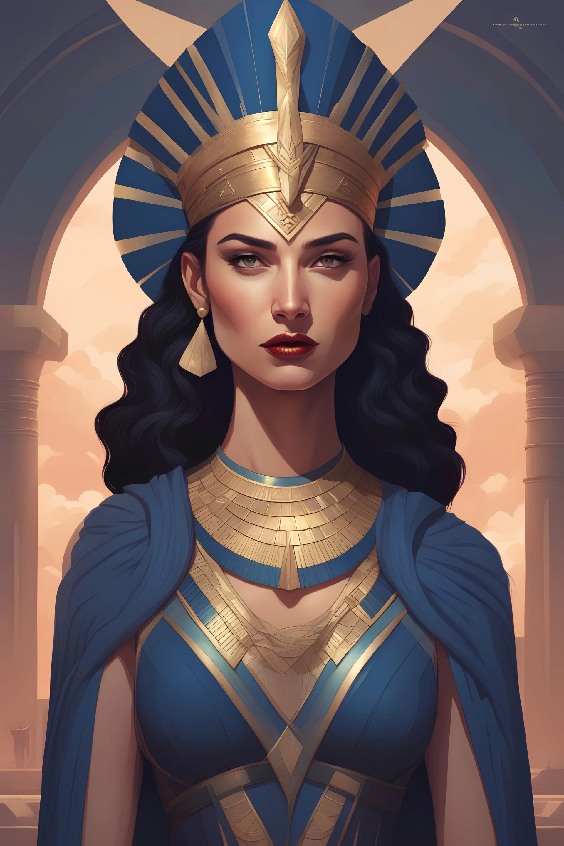 Visualize a breathtaking 2D anime-style full-body illustration of Gal Gadot as the queen of ancient Egypt. Tom Bagshaw's influence is evident in the detailed and stylized features, complemented by Adobe Illustrator's flat design. The neutral colors and dark blue palette, inspired by color theory, create a harmonious and visually striking portrayal.