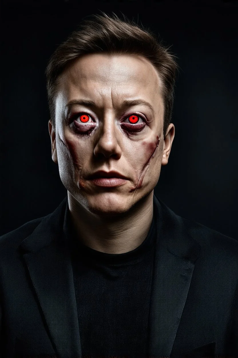 Portrait of Elon musk, scary cyborg face, one red eye