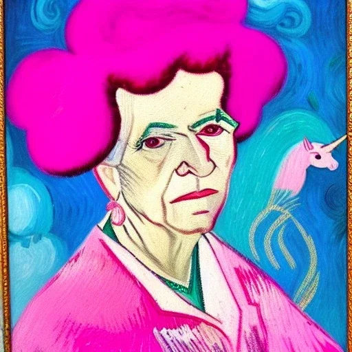 Retrato de una abuela muy guapa llamada Carmen Mozos Bugallo montando un unicornio rosa con el estilo de Vincent van Gogh