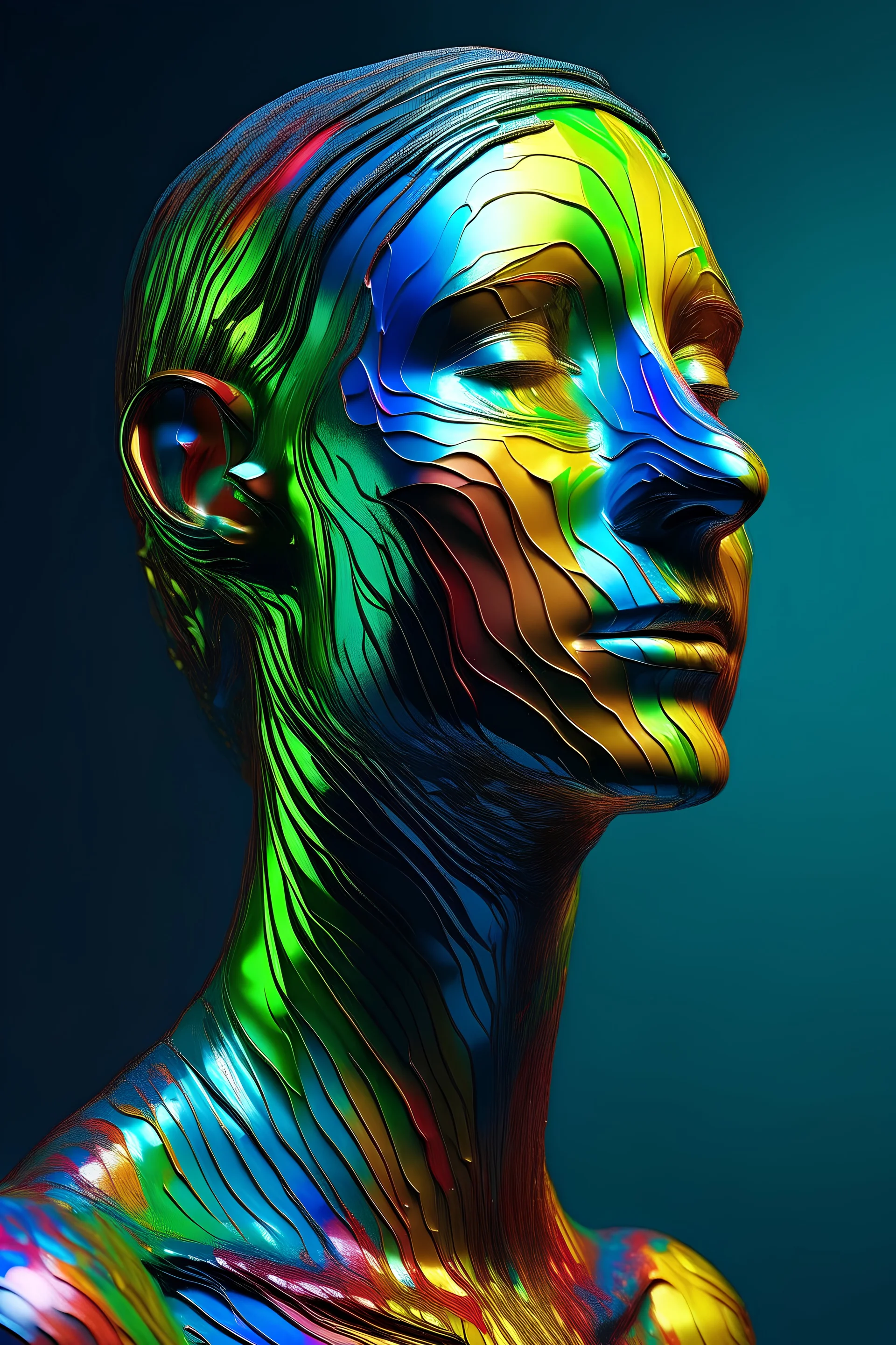 Shimmering metallic skin that transitions through a spectrum of vibrant colors glitchy rainbow