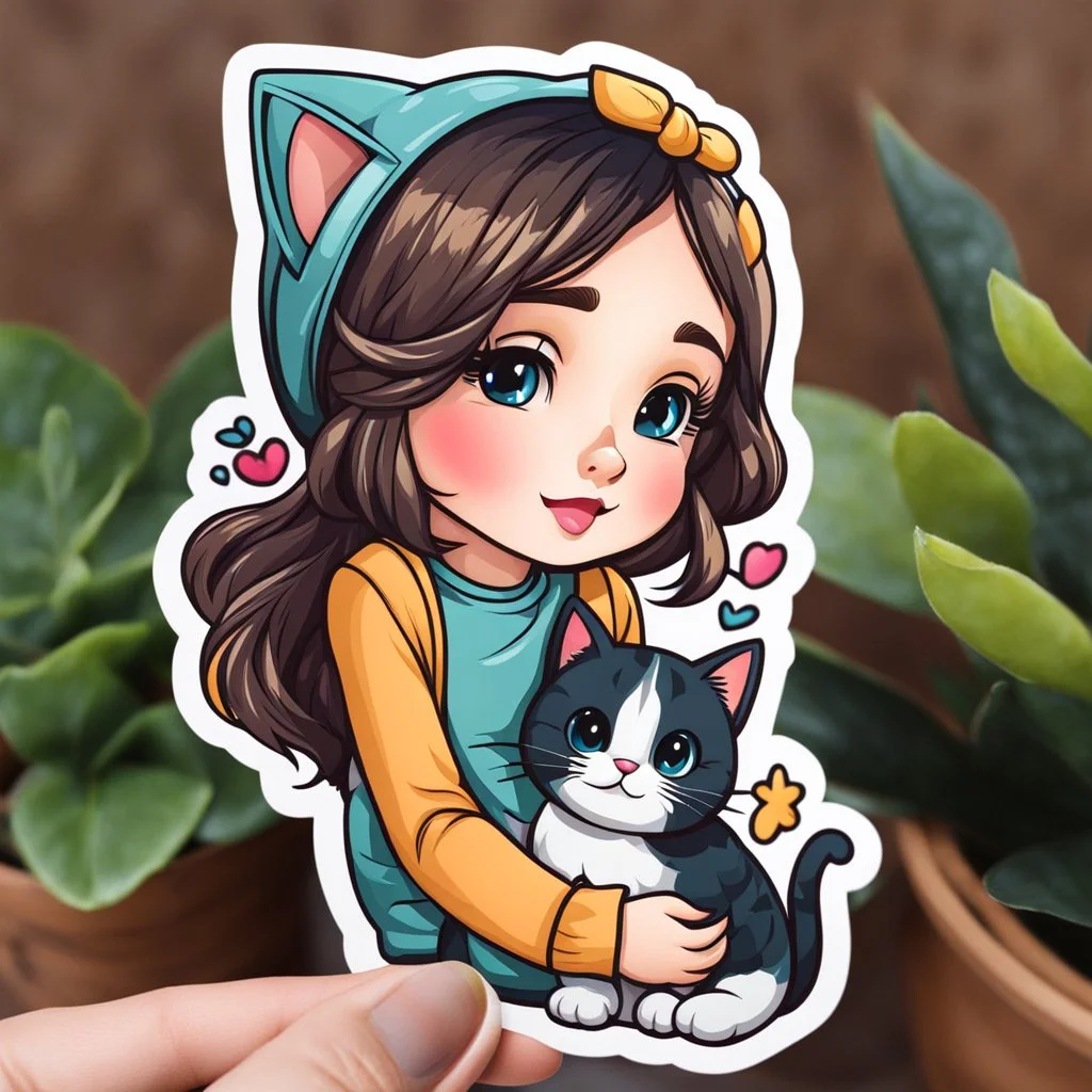 very beautiful sticker like realistic cartoon girl with cat