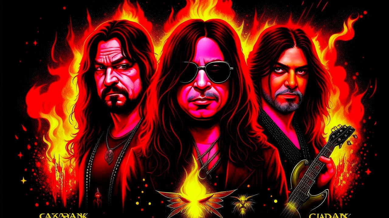 4k full detail, realistic, Logo émission radio hardrock firestarter ozzy osbourne terminator tributr to Black sabbath flammes en fond