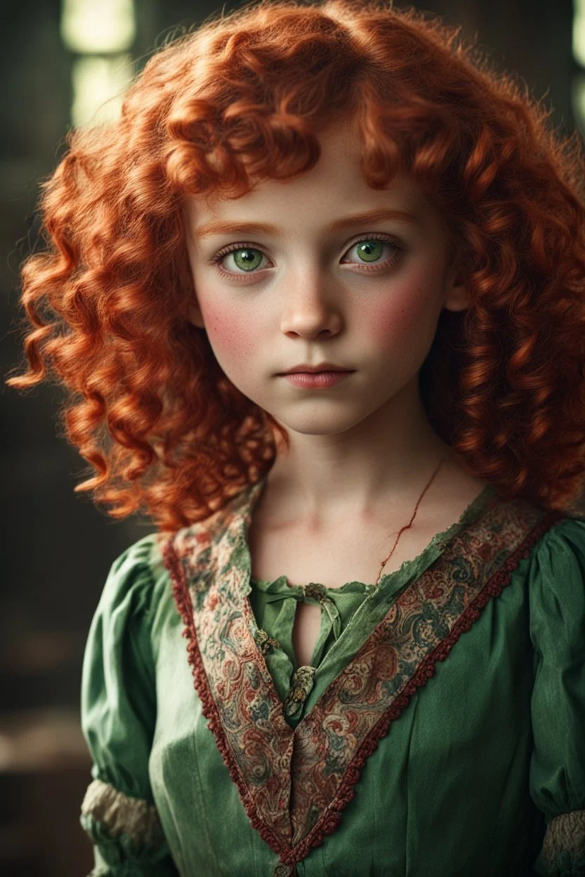 eight-year-old girl, green eyes, freckles, blood-red curly hair, dressed in humble 19th century clothes