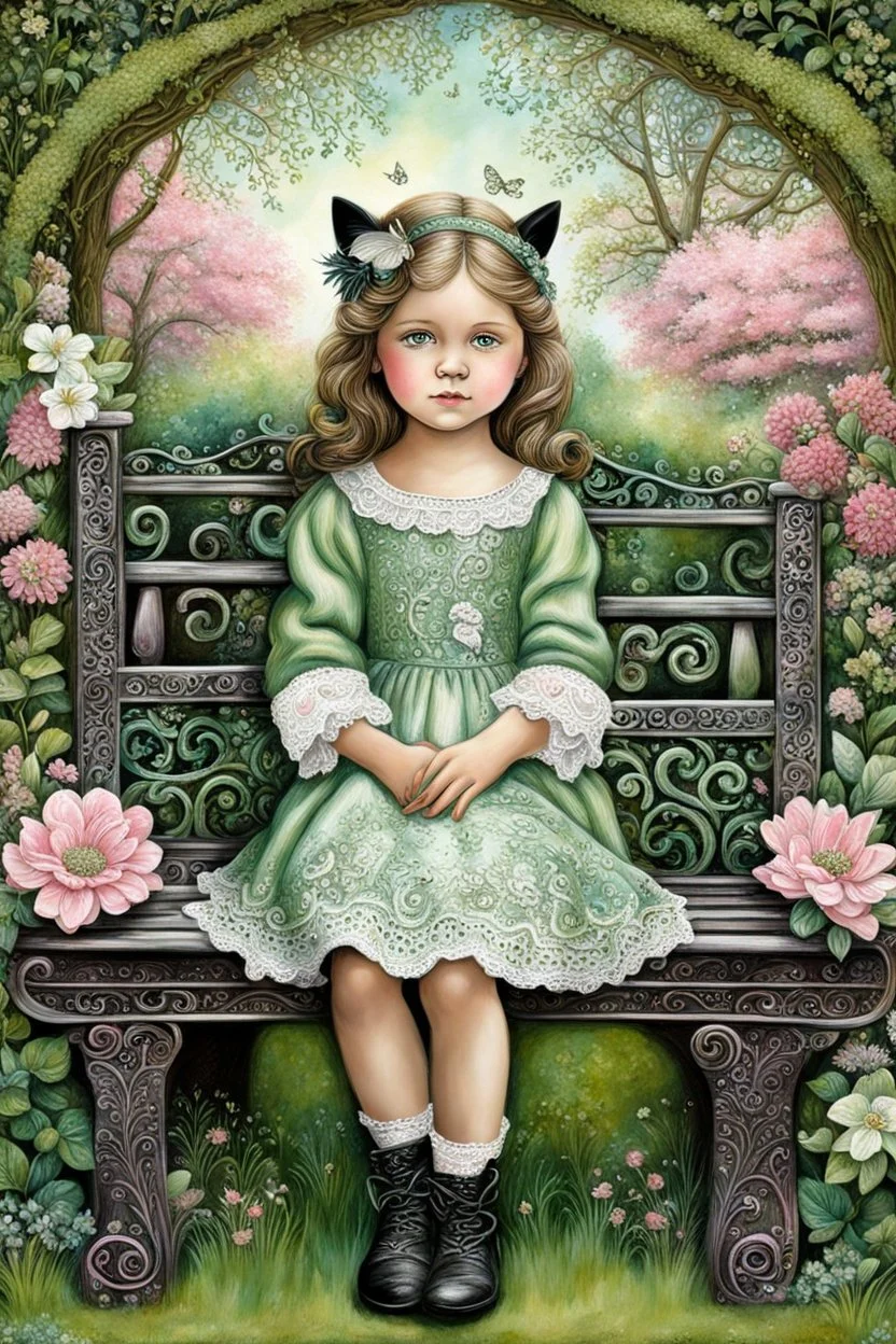 Mixed Media Dry Brush shimmering tones, 3D, highly textured, little girl with pretty green eyes, sitting on an ornate bench with her black cat in the park, flowers, shades of Sage green, white, and pink, beautifully embossed