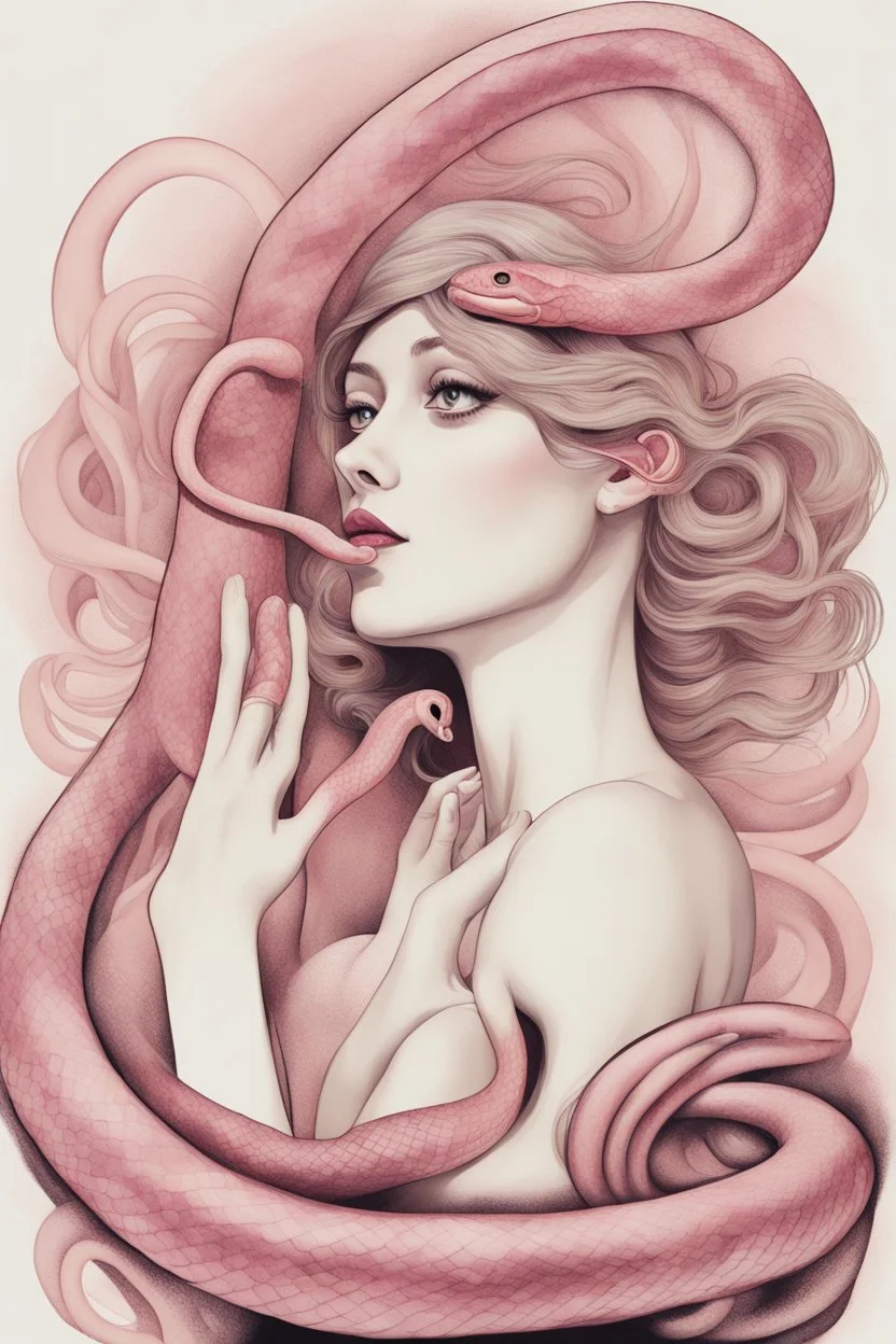 Abstrack surrealist styl a woman and and a super realistic pink snake surrounding it, art nouveau, style