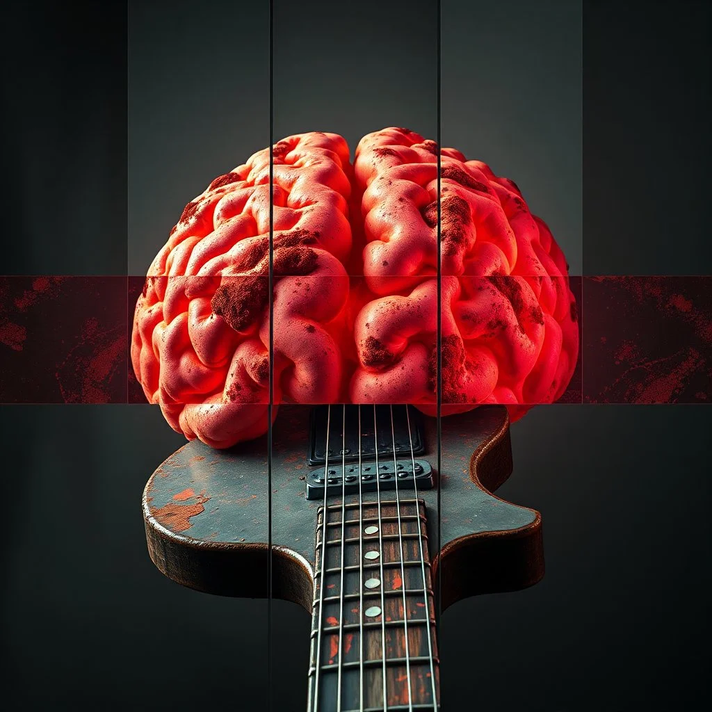 digital photography, image meanders across several separated hovering panels, gnarly, faded neon colors, rusty etched industrial oxidized mold on a long liminal iron guitar brain, foreboding, gritty