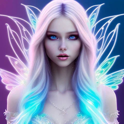 beautiful, soft, big smile face, whole head, long straight blonde hair blues eyes, crown on the head, clothing in transparent bluish and pink veil,fairy wings on the back, background brillante bluish and pink, hight definition, 8K