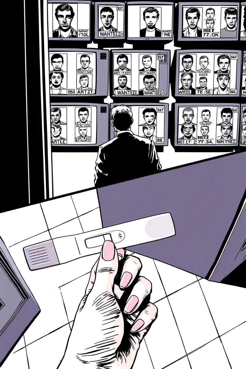 uncolored comic book page: top panel(higher over the shoulder camera perspective of a man on his way out the door walks past a display of televisions on which a bulletin of wanted criminals mugshots appears), bottom panel(pov a woman's hand with acrylic nails holding a pregnancy test that shows a positive result, tile floor below), panels divided at a 30 degree angle